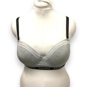 Aeropostale Ribbed Knit Push-Up Logo Band Underwire Bra, Gray, size 36DD